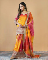 Yellow Orange Chinon Silk Sequence Work Sharara Suit With Dupatta